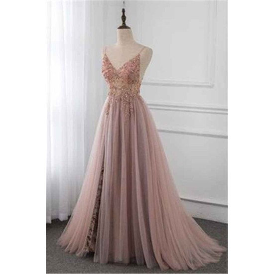 Sweetheart Crystal Prom Dresses Straps Spaghetti Tulle Evening Gown Split Side
