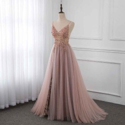 Sweetheart Crystal Prom Dresses Straps Spaghetti Tulle Evening Gown Split Side