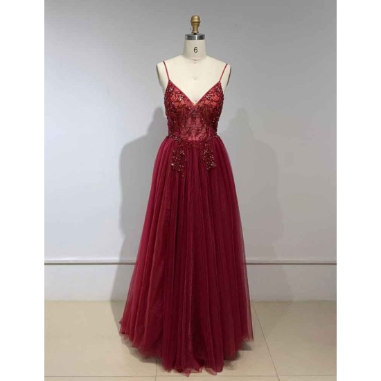 Sweetheart Crystal Prom Dresses Straps Spaghetti Tulle Evening Gown Split Side