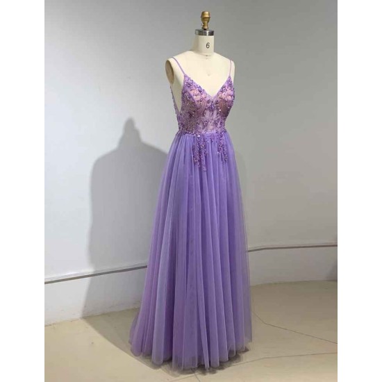 Sweetheart Crystal Prom Dresses Straps Spaghetti Tulle Evening Gown Split Side