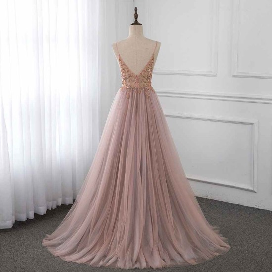 Sweetheart Crystal Prom Dresses Straps Spaghetti Tulle Evening Gown Split Side