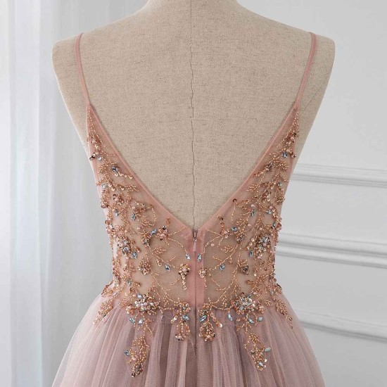 Sweetheart Crystal Prom Dresses Straps Spaghetti Tulle Evening Gown Split Side