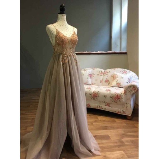 Sweetheart Crystal Prom Dresses Straps Spaghetti Tulle Evening Gown Split Side