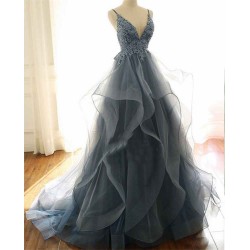 Gray Evening Dresses Tulle V-neck Ruffles Long Spaghetti Lace Beading Prom Party Gowns