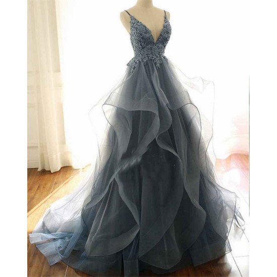 Gray Evening Dresses Tulle V-neck Ruffles Long Spaghetti Lace Beading Prom Party Gowns