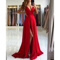 Ruby Red Chic High split Court Train Long evening Dress