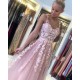 Romantic Dusty Pink Sleeveless Lace Straps A-line Evening Dress