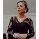Elegant Long Sleevess Black V-neck Satin Lace Evening Dresses