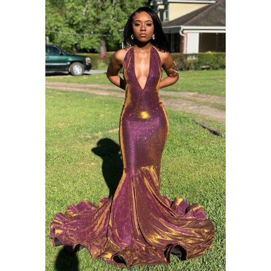 Halter Chic V-neck Sparkle Prom Dresses Fit and Flare Sleeveless Elegant Evening Gowns