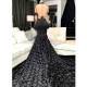 Unique Lace Appliques Flowers High Neck Prom Dresses Sheer Tulle Fit and Flare Evening Gowns