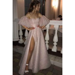 Sparkle Pearl Pink Sequined High Split A-line Prom Party Gowns with Bracelet