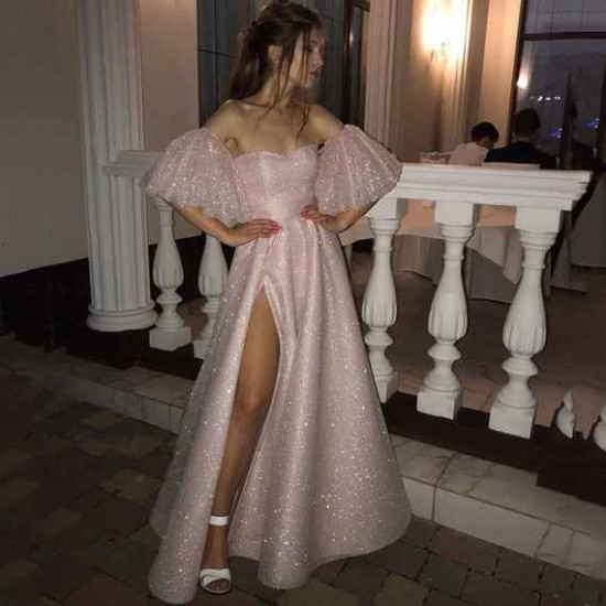 Sparkle Pearl Pink Sequined High Split A-line Prom Party Gowns with Bracelet