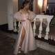 Sparkle Pearl Pink Sequined High Split A-line Prom Party Gowns with Bracelet