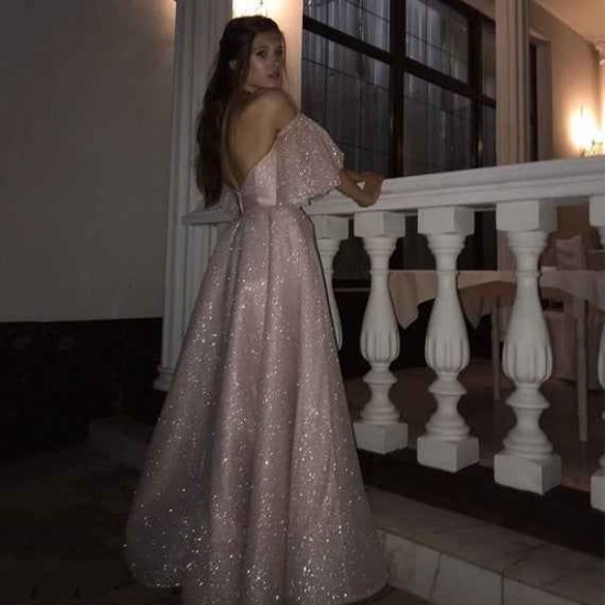 Sparkle Pearl Pink Sequined High Split A-line Prom Party Gowns with Bracelet