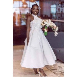 Ankle Length Halter Lace Applique Bridesmaid Dresses With Big Bow At Back A-line Formal Wedding Party Dresses