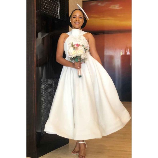 Ankle Length Halter Lace Applique Bridesmaid Dresses With Big Bow At Back A-line Formal Wedding Party Dresses