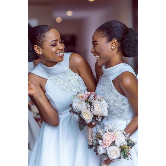 Ankle Length Halter Lace Applique Bridesmaid Dresses With Big Bow At Back A-line Formal Wedding Party Dresses