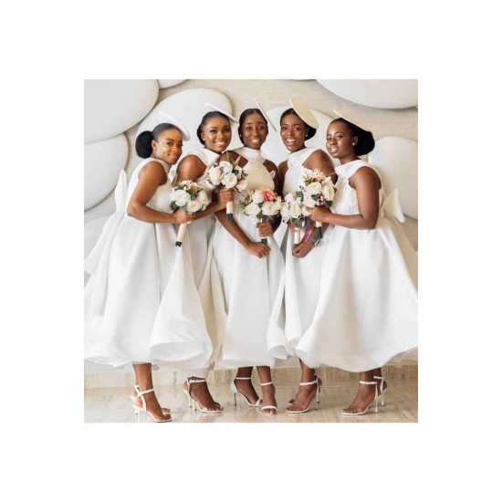 Ankle Length Halter Lace Applique Bridesmaid Dresses With Big Bow At Back A-line Formal Wedding Party Dresses