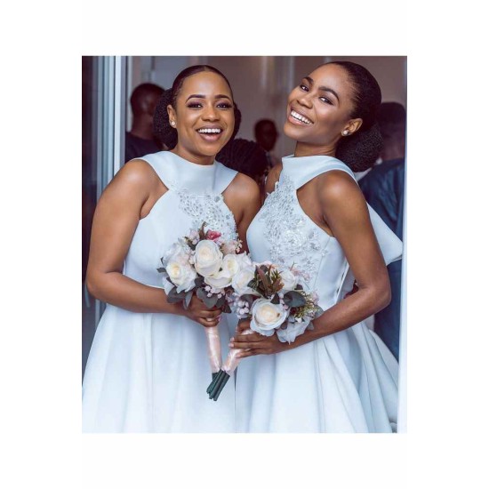 Ankle Length Halter Lace Applique Bridesmaid Dresses With Big Bow At Back A-line Formal Wedding Party Dresses