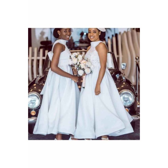 Ankle Length Halter Lace Applique Bridesmaid Dresses With Big Bow At Back A-line Formal Wedding Party Dresses