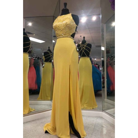 Exquisite Jewel Sleeveless Beading Prom Party Gowns| Chic Front Slit Long Prom Gown