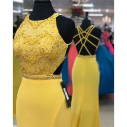 Exquisite Jewel Sleeveless Beading Prom Party Gowns| Chic Front Slit Long Prom Gown