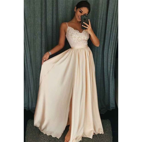 Beautiful Spaghetti-Straps Lace Appliques Prom Dress Long With Split