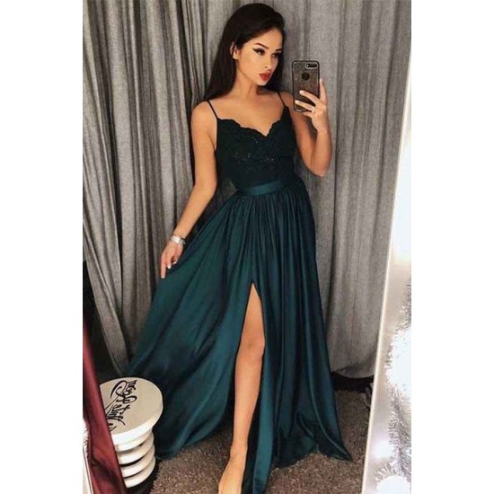Beautiful Spaghetti-Straps Lace Appliques Prom Dress Long With Split