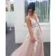 Elegant V-Neck Sleeveless Long Prom Dress Tulle With Lace Appliques