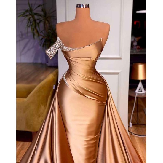 Chic One Shoulder Beaded Mermaid Prom Dress With Court Train