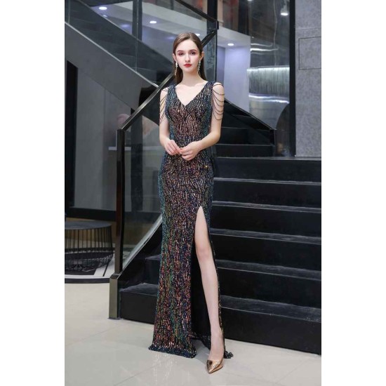 Sparkle V-neck High split Sleeveless Black Evening Dress On Sale