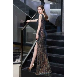 Sparkle V-neck High split Sleeveless Black Evening Dress On Sale