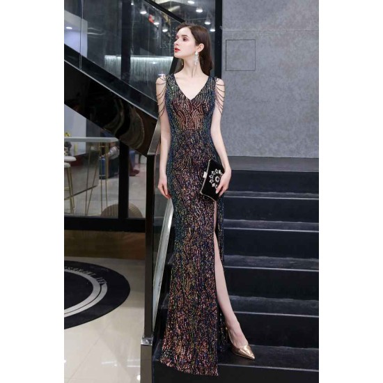 Sparkle V-neck High split Sleeveless Black Evening Dress On Sale