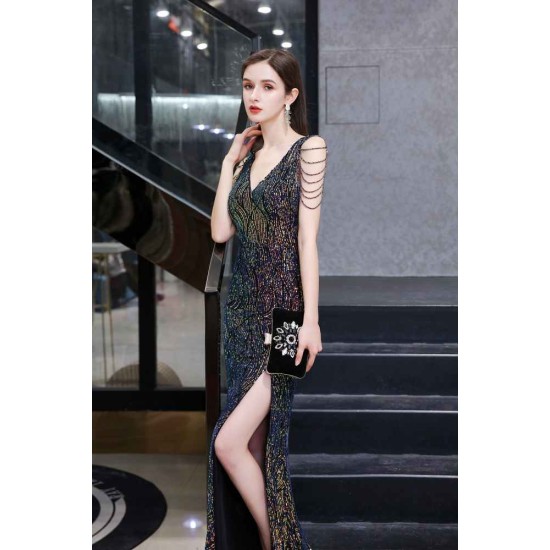 Sparkle V-neck High split Sleeveless Black Evening Dress On Sale