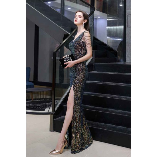Sparkle V-neck High split Sleeveless Black Evening Dress On Sale