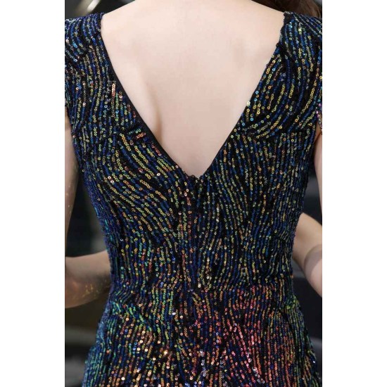 Sparkle V-neck High split Sleeveless Black Evening Dress On Sale