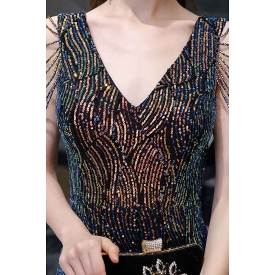Sparkle V-neck High split Sleeveless Black Evening Dress On Sale