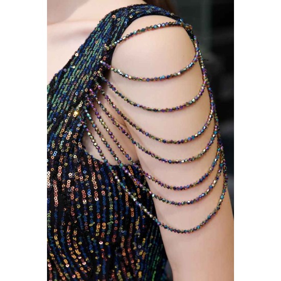 Sparkle V-neck High split Sleeveless Black Evening Dress On Sale