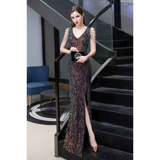 Sparkle V-neck High split Sleeveless Black Evening Dress On Sale