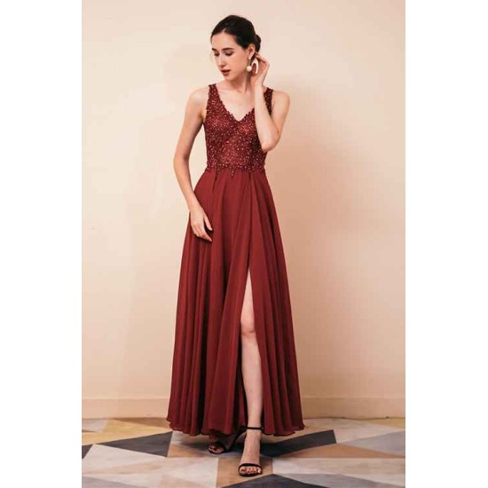 Rust A-line Chiffon V-neck Open-back Prom Dress