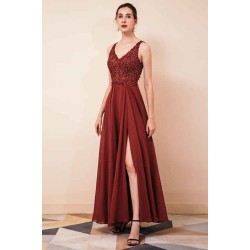 Rust A-line Chiffon V-neck Open-back Prom Dress
