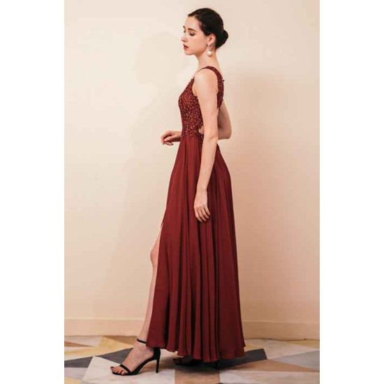 Rust A-line Chiffon V-neck Open-back Prom Dress