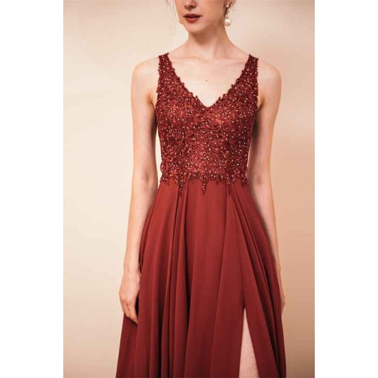 Rust A-line Chiffon V-neck Open-back Prom Dress