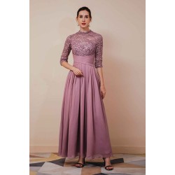 Elegant Violet 3/4 sleeves High waist Beaded Lace Chiffon Evening Dress