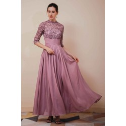 Elegant Violet 3/4 sleeves High waist Beaded Lace Chiffon Evening Dress
