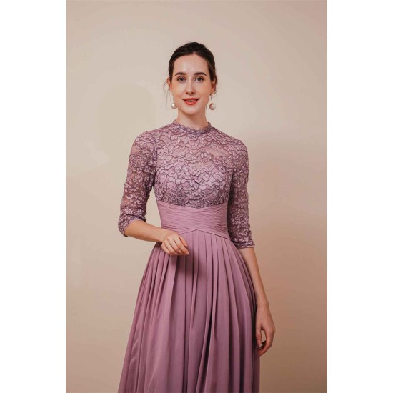 Elegant Violet 3/4 sleeves High waist Beaded Lace Chiffon Evening Dress