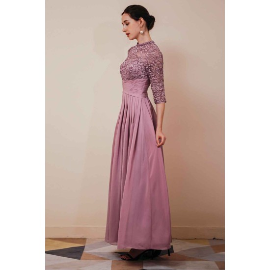 Elegant Violet 3/4 sleeves High waist Beaded Lace Chiffon Evening Dress
