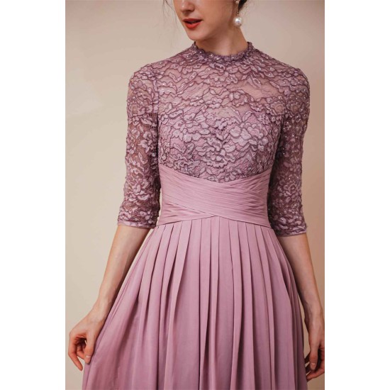 Elegant Violet 3/4 sleeves High waist Beaded Lace Chiffon Evening Dress
