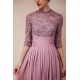 Elegant Violet 3/4 sleeves High waist Beaded Lace Chiffon Evening Dress