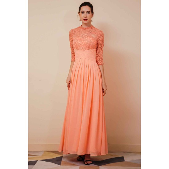 Elegant Violet 3/4 sleeves High waist Beaded Lace Chiffon Evening Dress